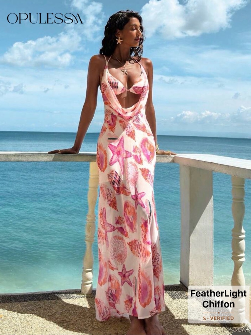 Pink Shell-Print Chiffon Maxi Dress